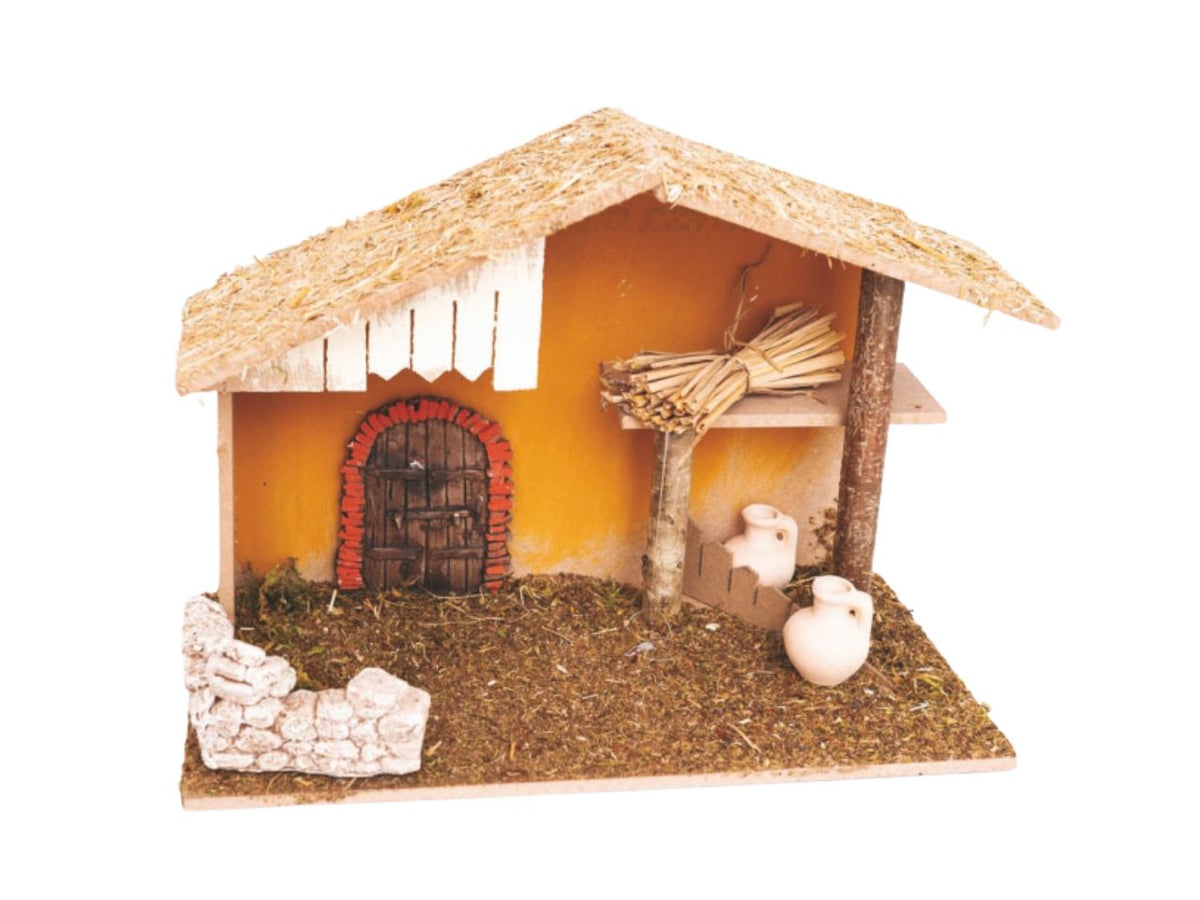 Capanna per presepe nuda in legno con tetto in paglia e anfore 39x19x28cm