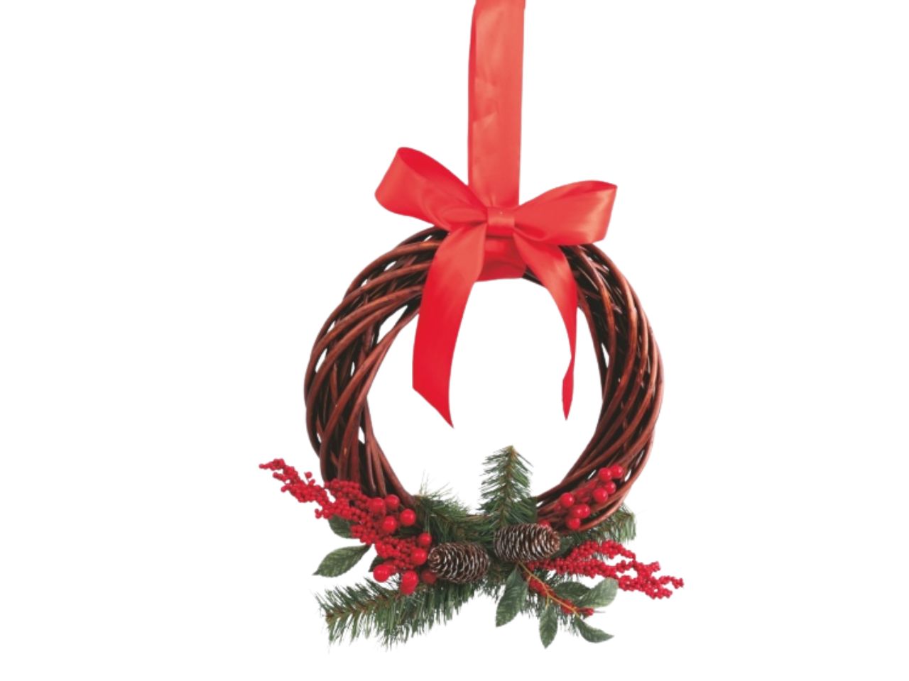 Corona natalizia in vimini decoro bacche e rametto 20cm