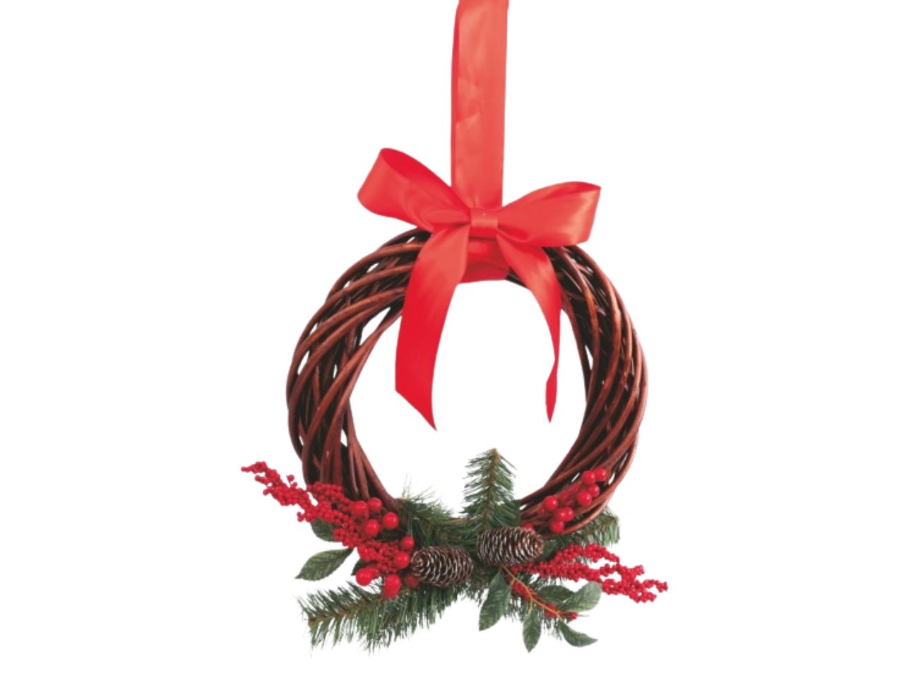 Corona natalizia in vimini decoro bacche, rametto e pigne 30cm
