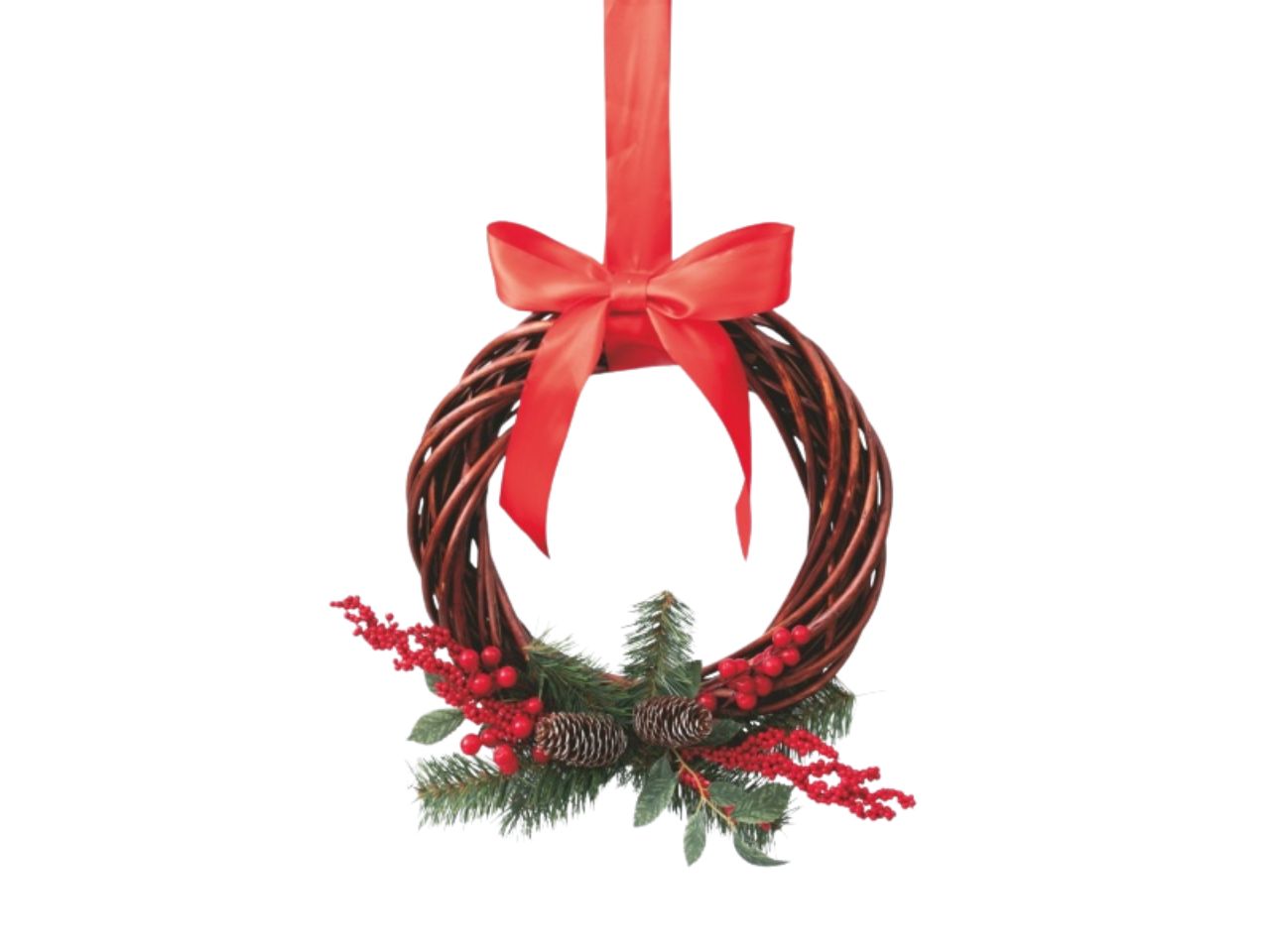 Corona natalizia in vimini decoro bacche, rametto e pigne 50cm