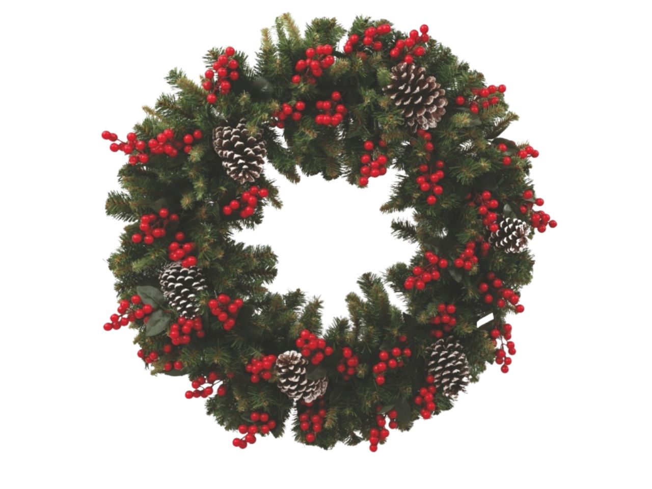 Corona natalizia pvc verde decoro bacche e pigne 80cm