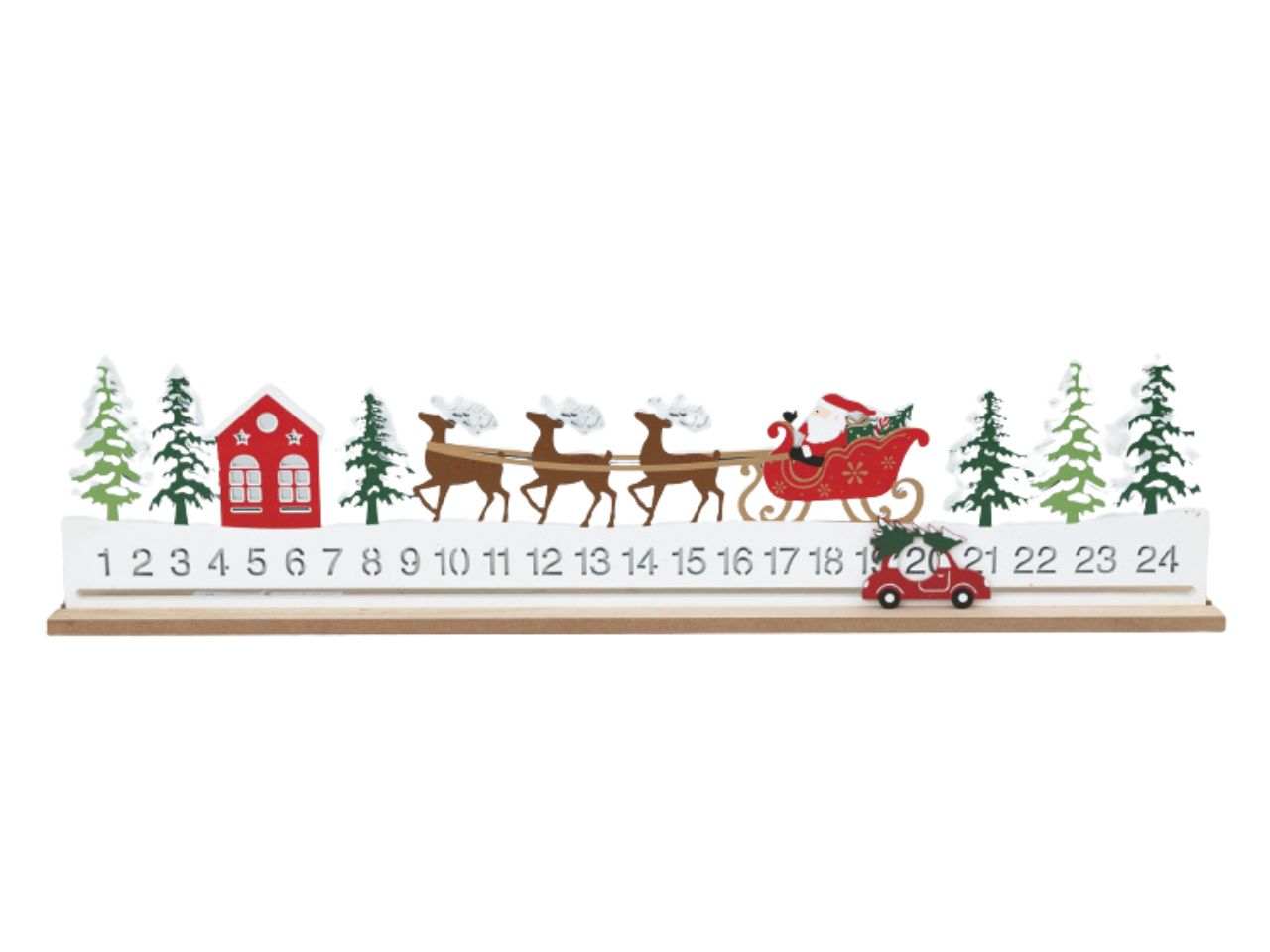 Calendario dell'avvento in legno con Babbo Natale, slitta e alberi 63x15hcm