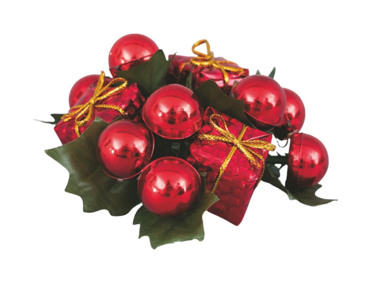Girocandela natalizio in plastica rosso metallizzato decoro sfere e pacchetti 10cm in scatola