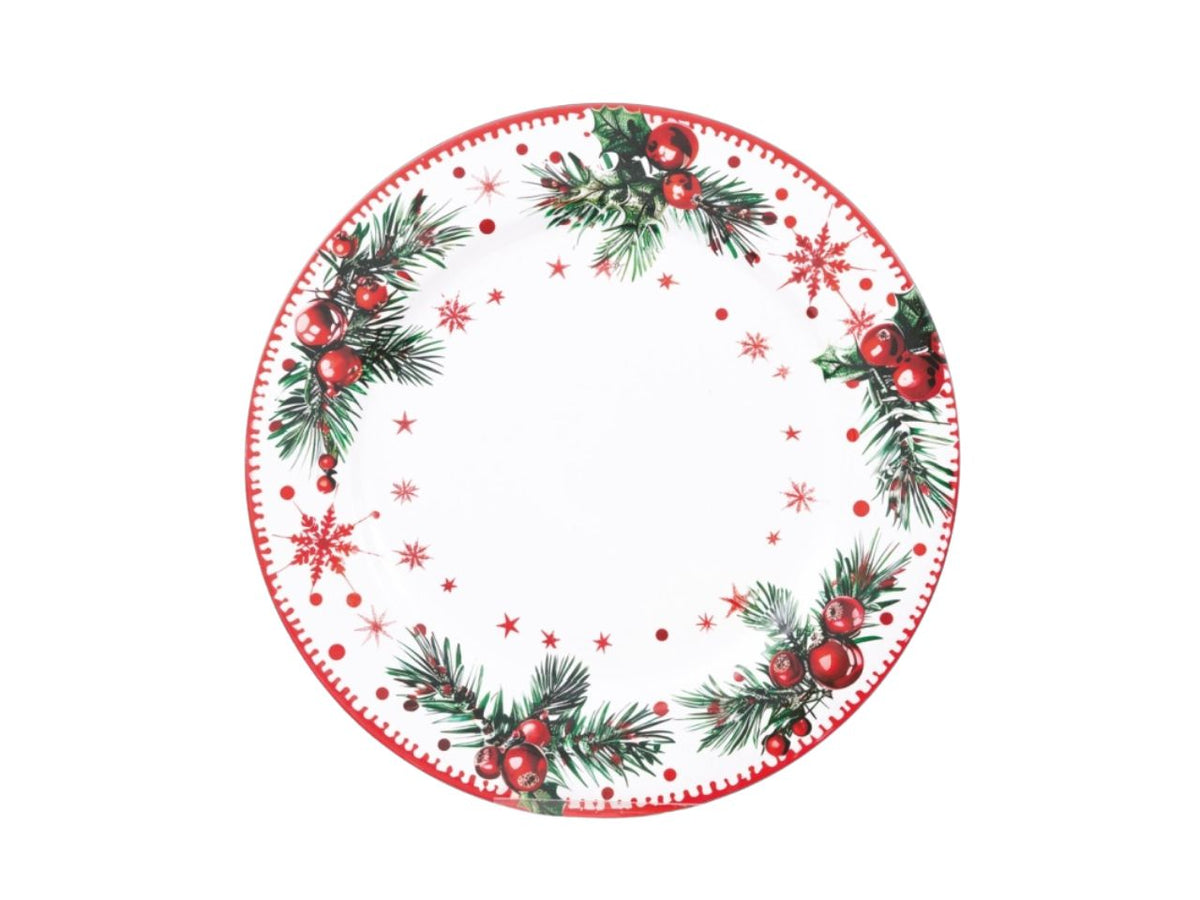 Piatto natalizio in pvc bianco decoro cornice e bacche 33cm