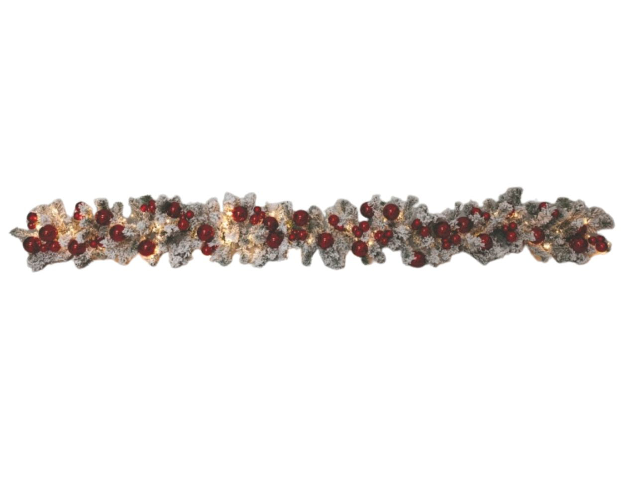 Ghirlanda natalizia pvc nevato rosso con sfere rosse 25cm x 2m e 100 led 3xaa