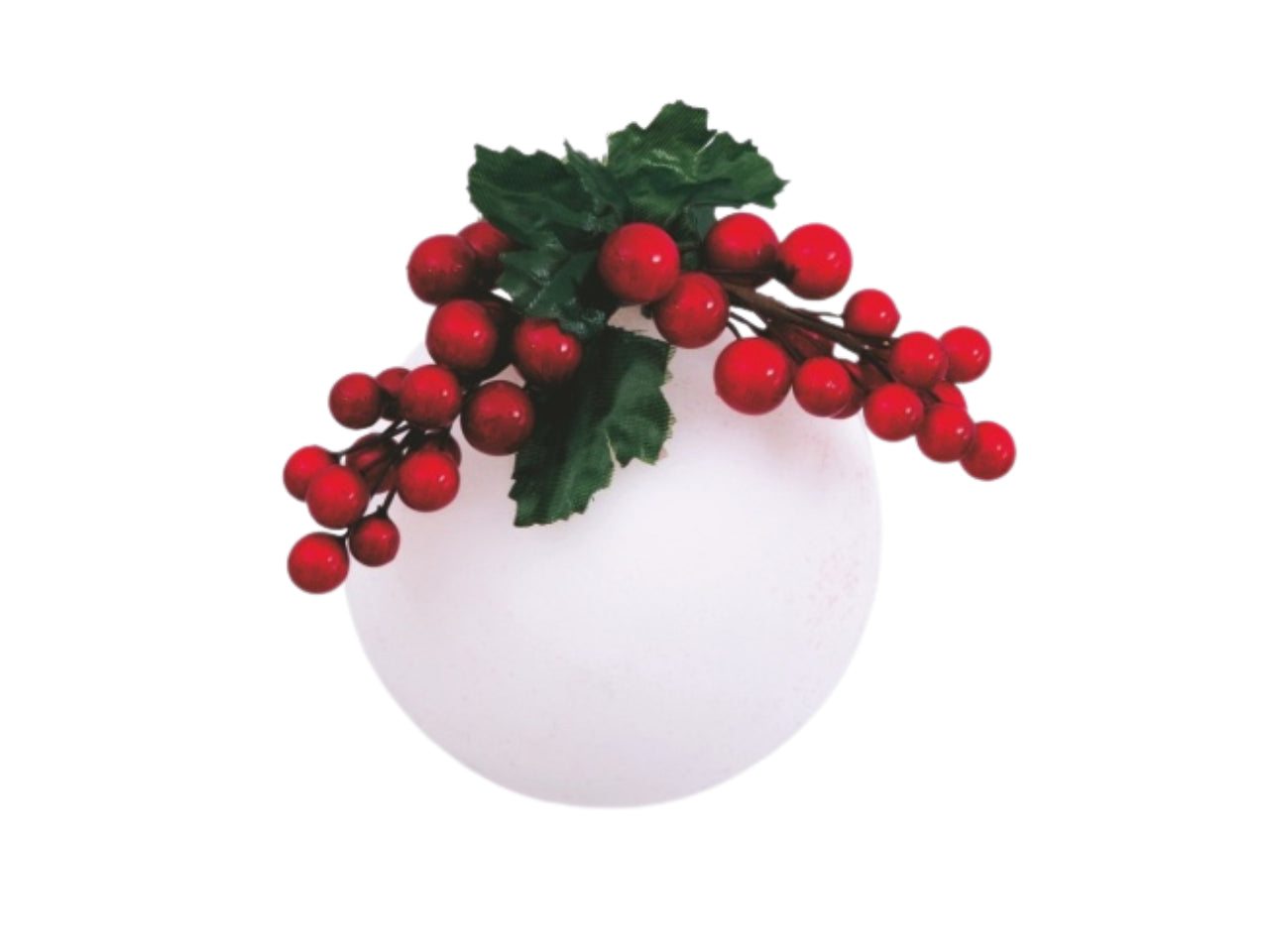 Palla natalizia in velluto 10cm bianca decorata con bacche rosse