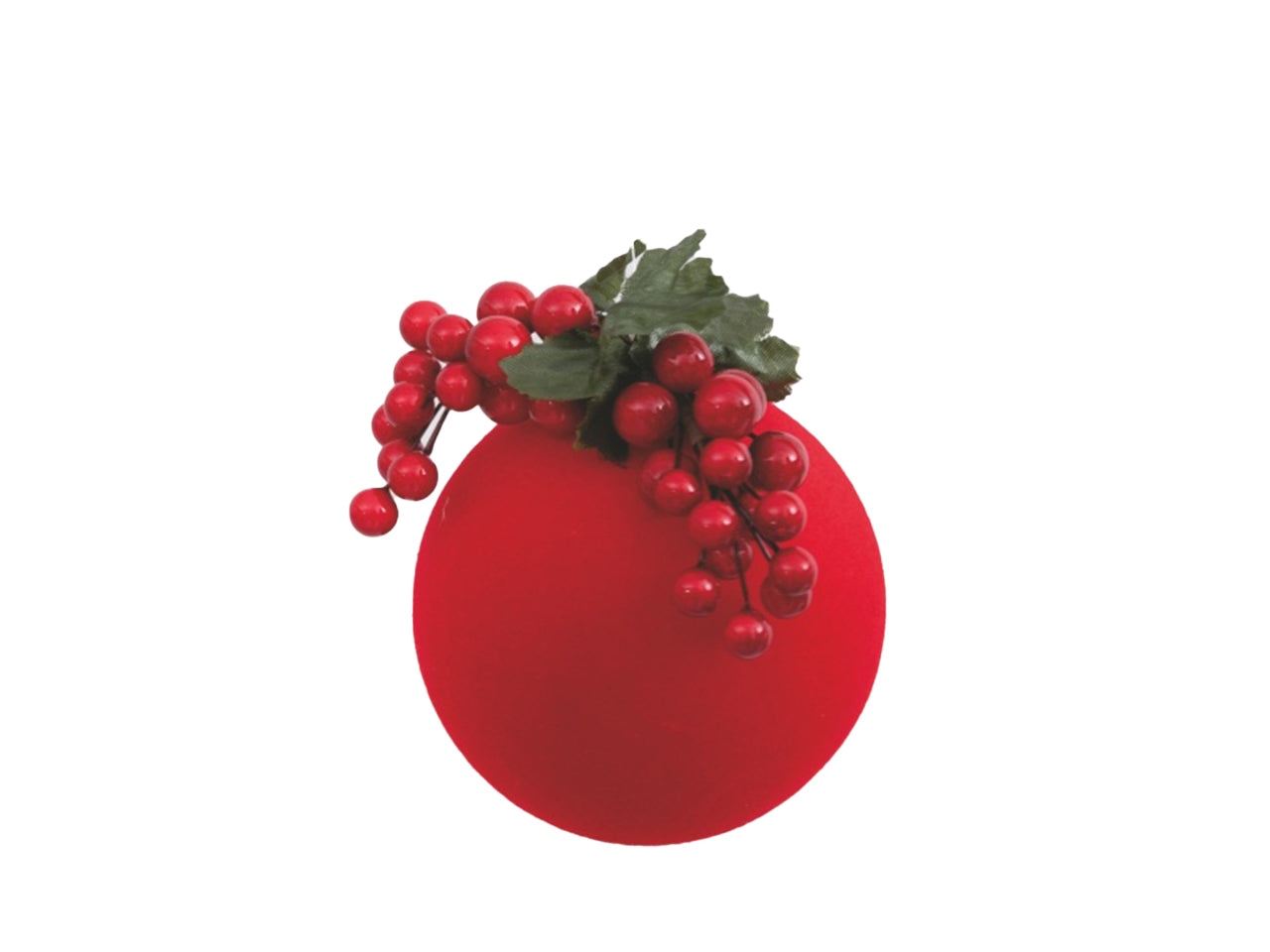 Palla natalizia in velluto 10cm rossa decorata con bacche rosse