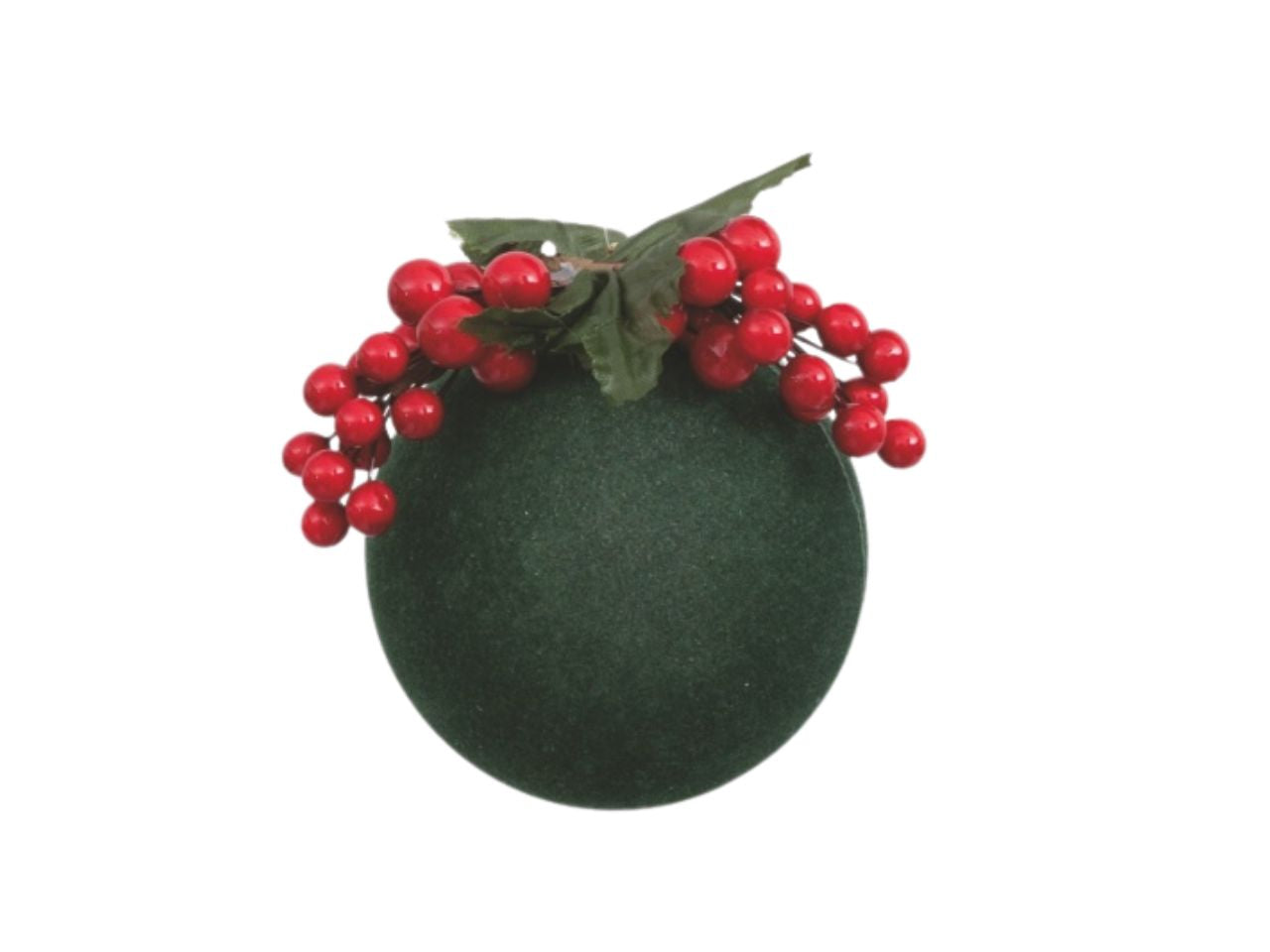 Palla natalizia in velluto 10cm verde decorata con bacche rosse