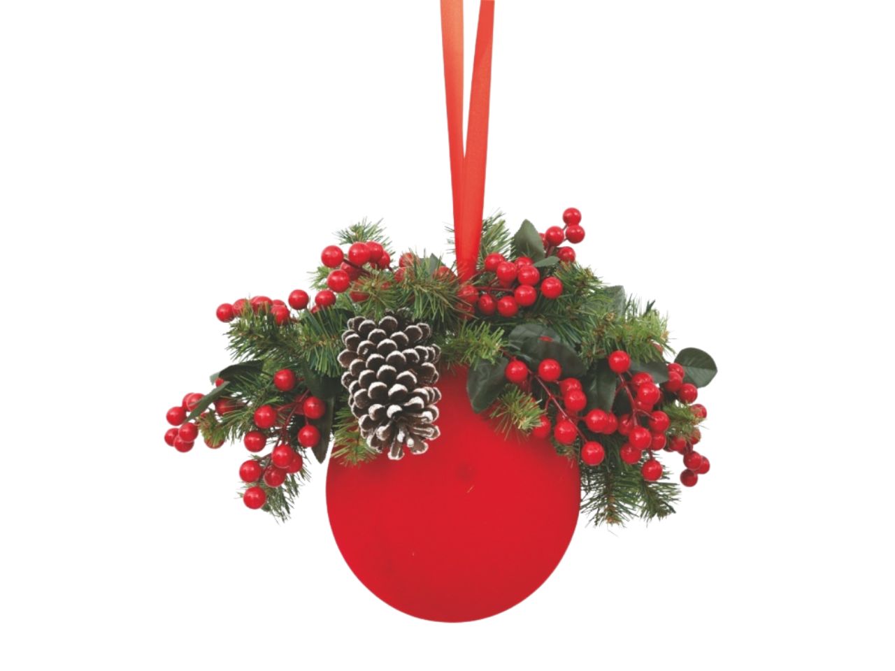 Palla natalizia in velluto 20cm rossa decoro bacche e pigne