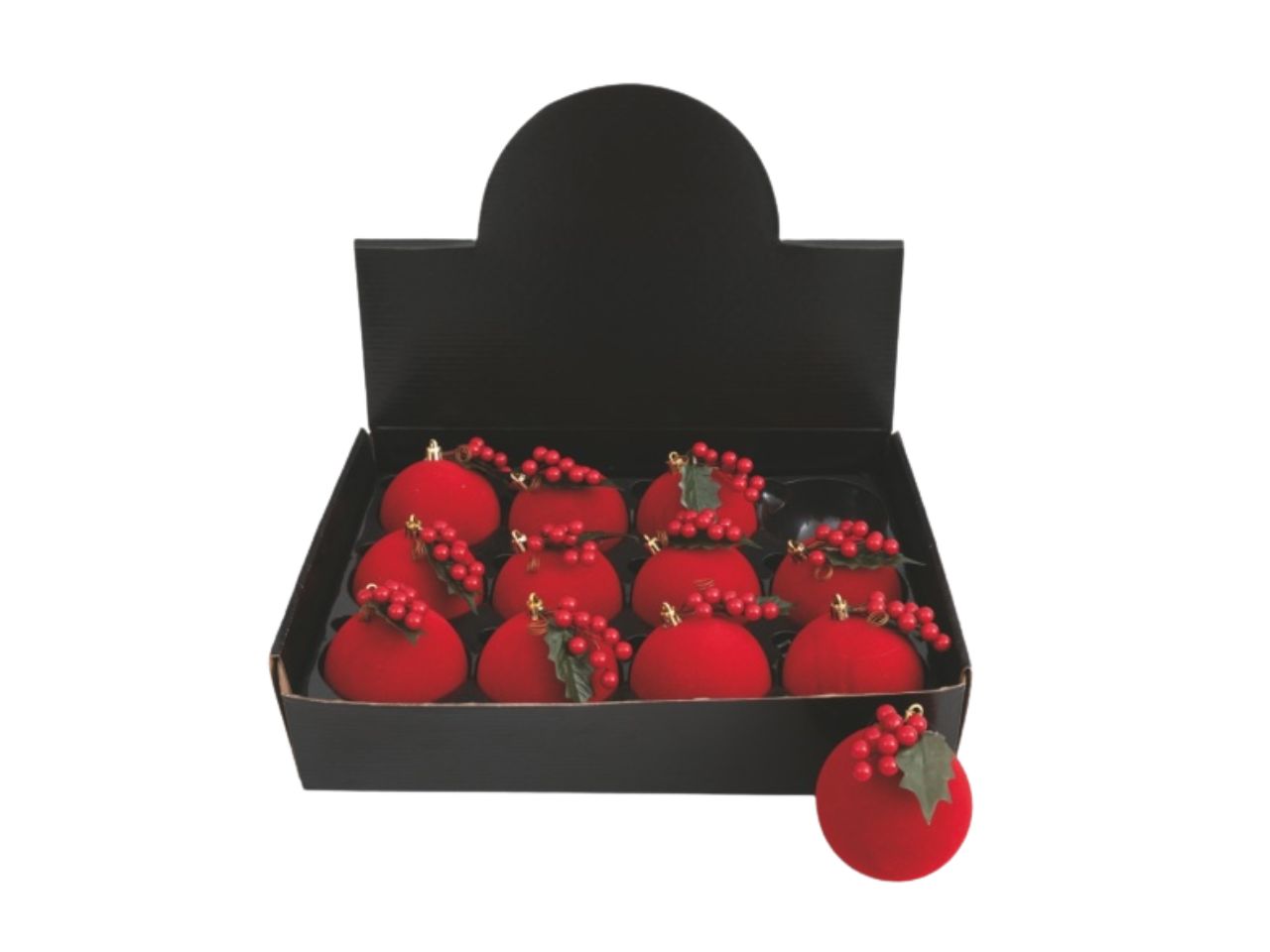 Palla natalizia in velluto 8cm rossa decorata con bacche rosse