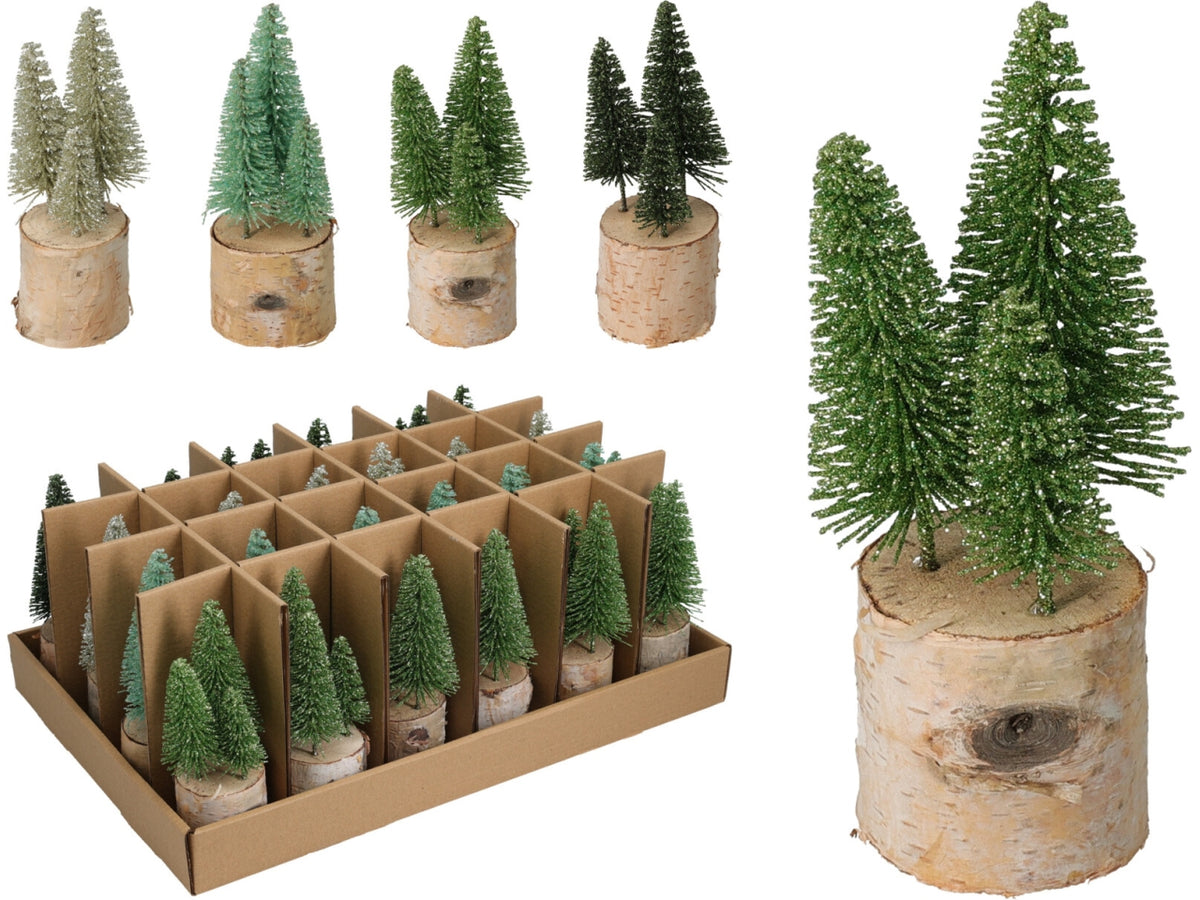 Tris di alberi natalizi 15cm con base in legno, 4 assortimenti