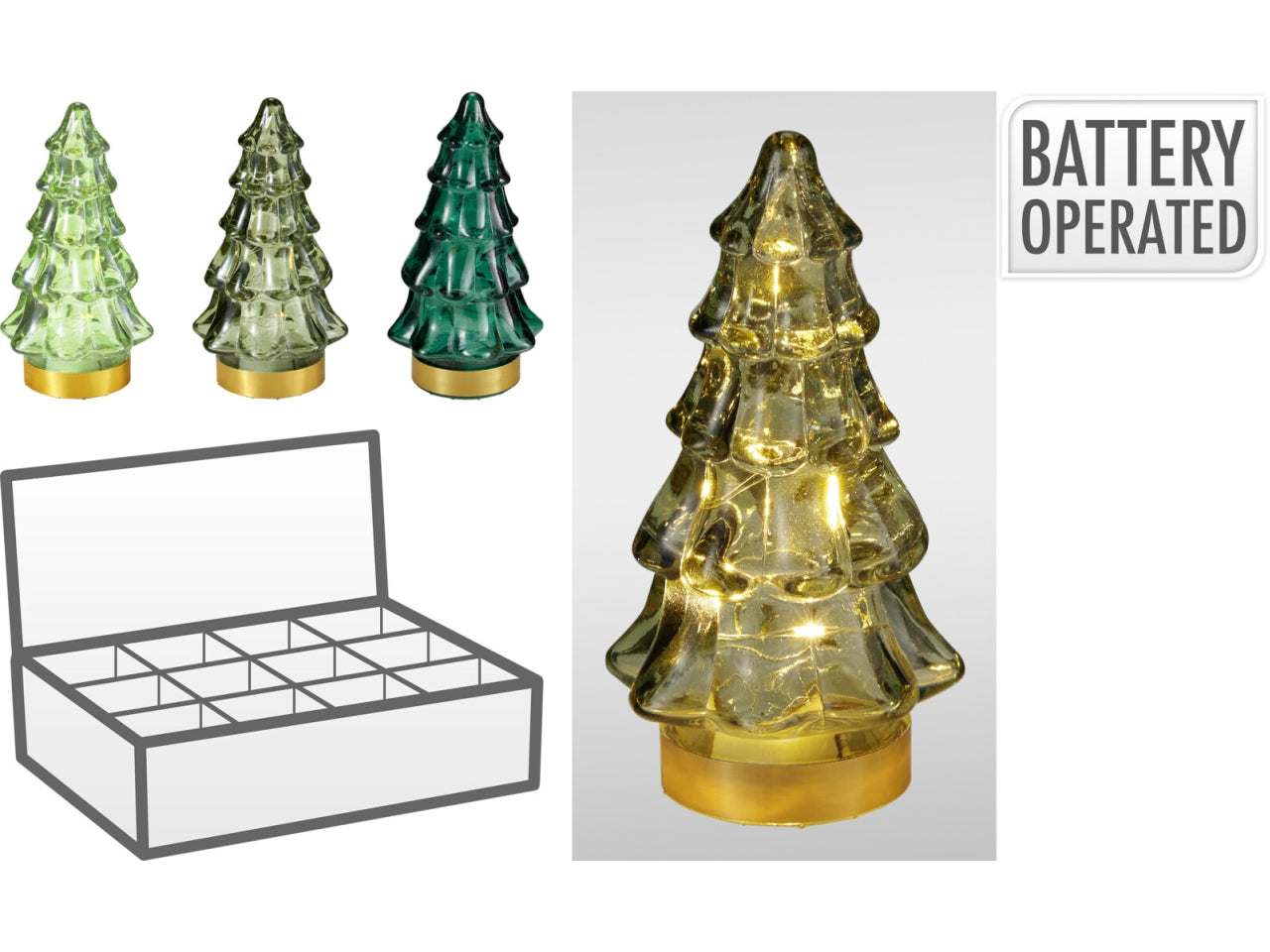 Albero natalizio in vetro 11cm con led, 3 fantasie assortite