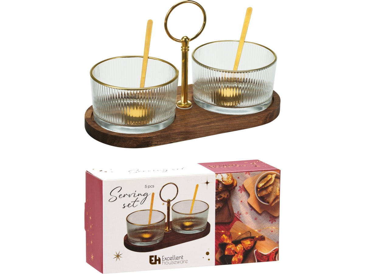 Antipastiera ciotola in vetro con base legno set da 5 pezzi