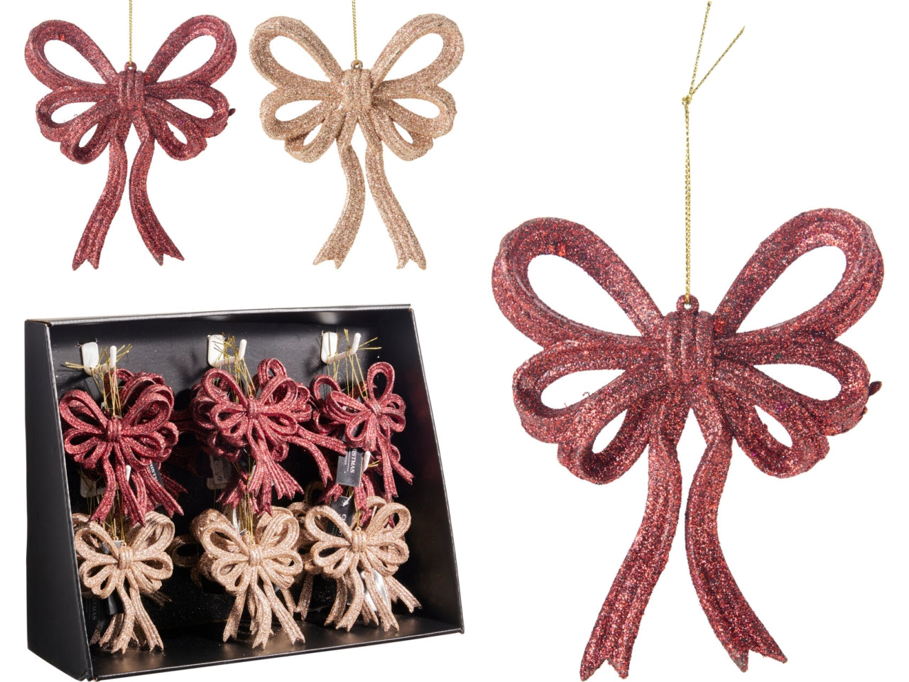 Appendino natalizio fiocco decorativo 13cm per albero, 2 fantasie assortite