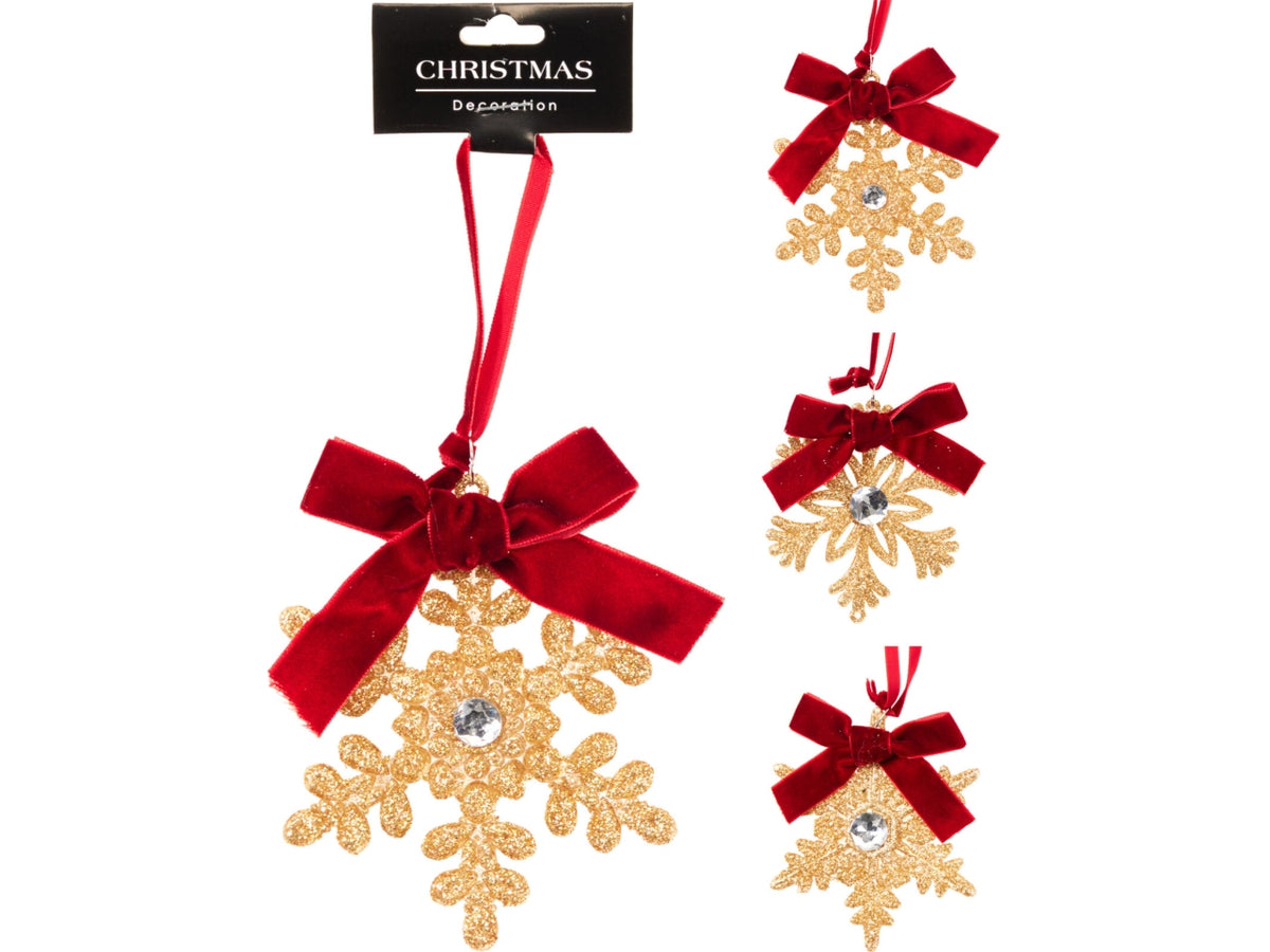 Appendino natalizio fiocco di neve 10cm oro per albero, 3 fantasie assortite