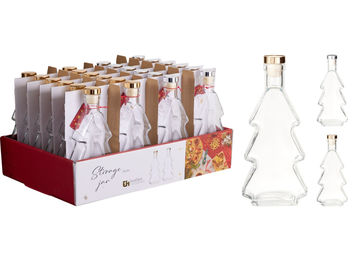 Bottiglia natalizia in vetro a forma di albero 280ml, 2 fantasie assortite