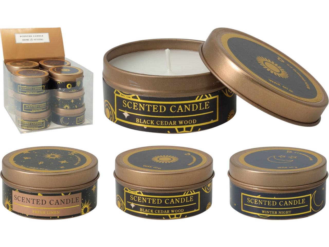 Candela natalizia in latta 6x3cm, 3 fantasie assortite