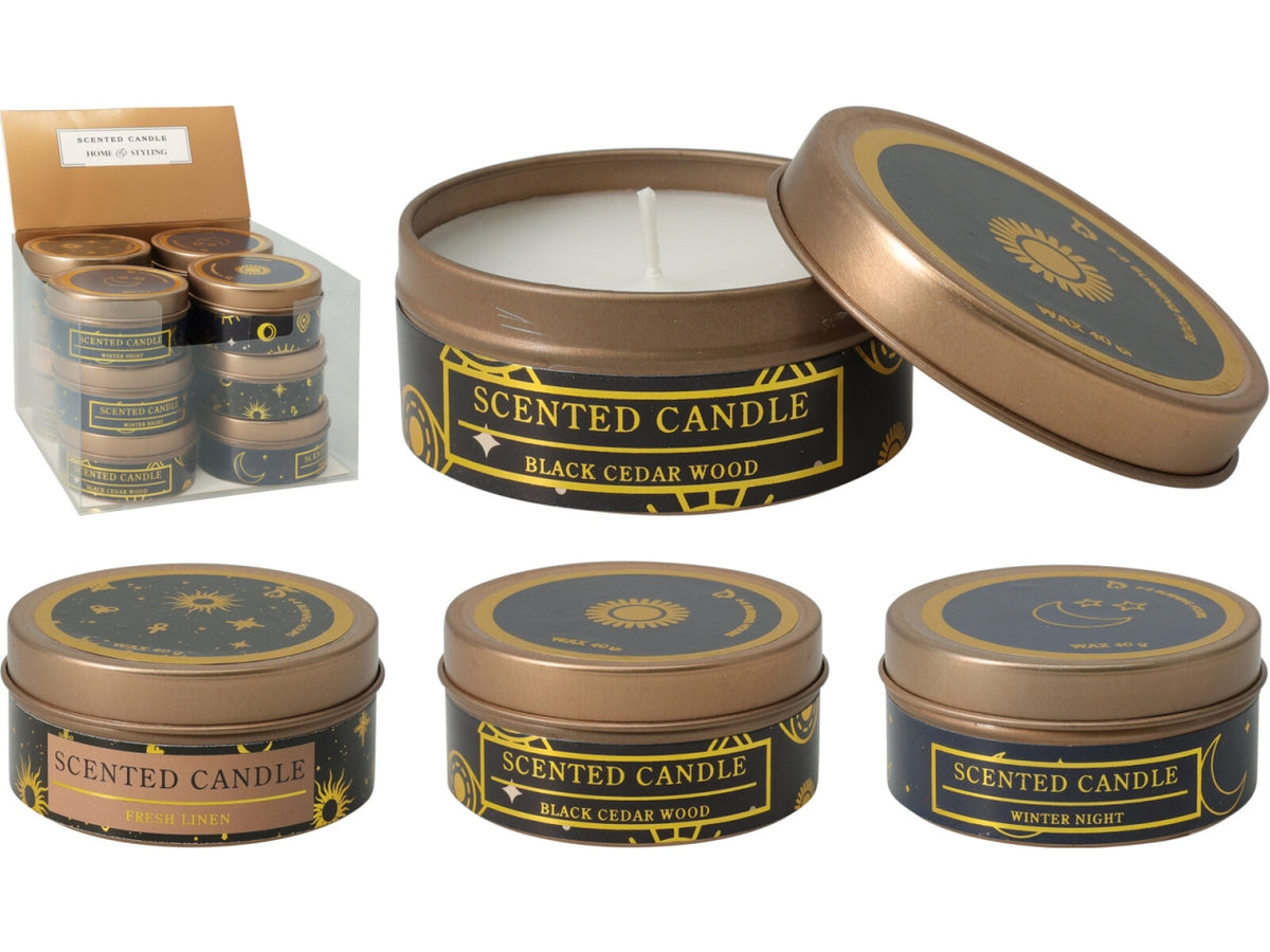 Candela natalizia in latta 6x3cm, 3 fantasie assortite