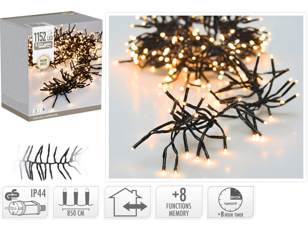 Catena luci natalizia 1152led bianco caldo con giochi di luce, uso interno/esterno
