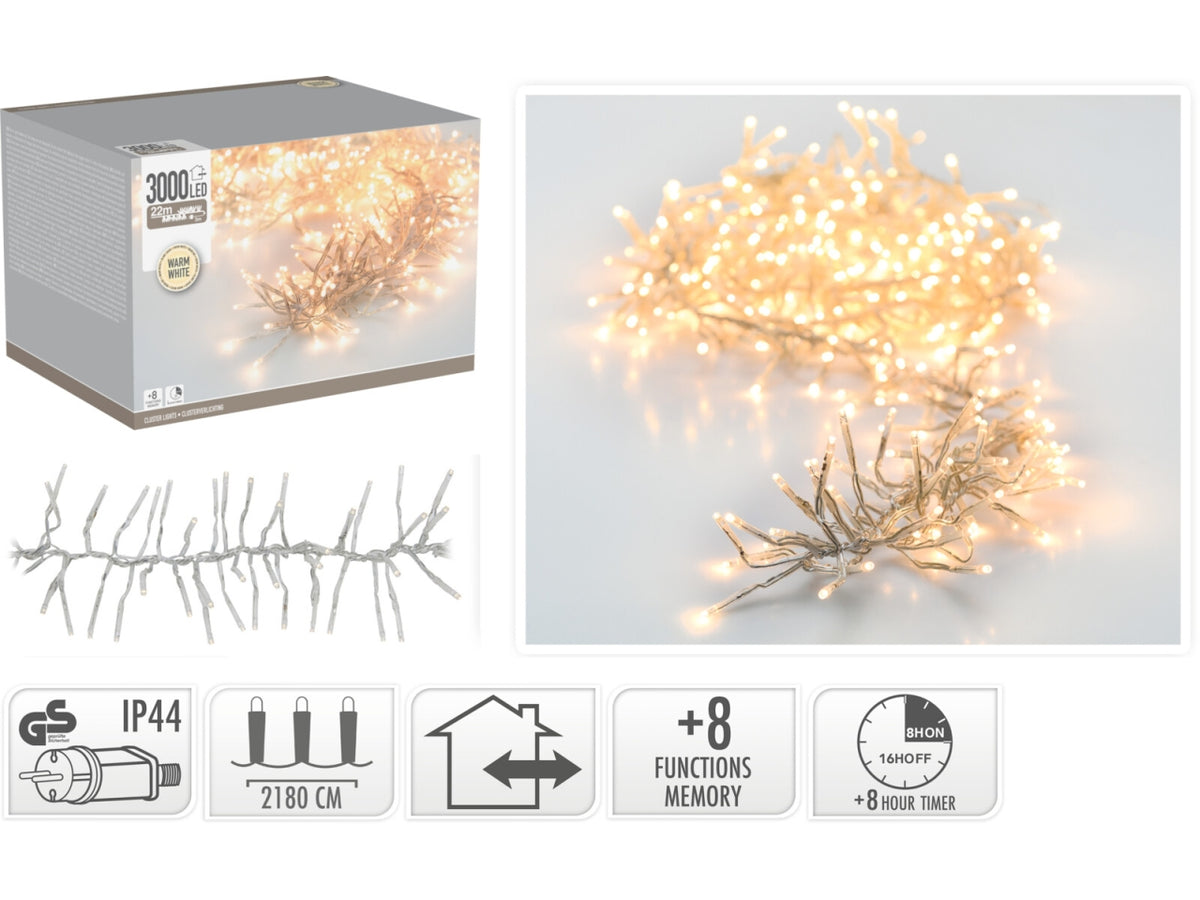 Catena luci natalizia 3000led bianco caldo con giochi di luce, uso interno/esterno