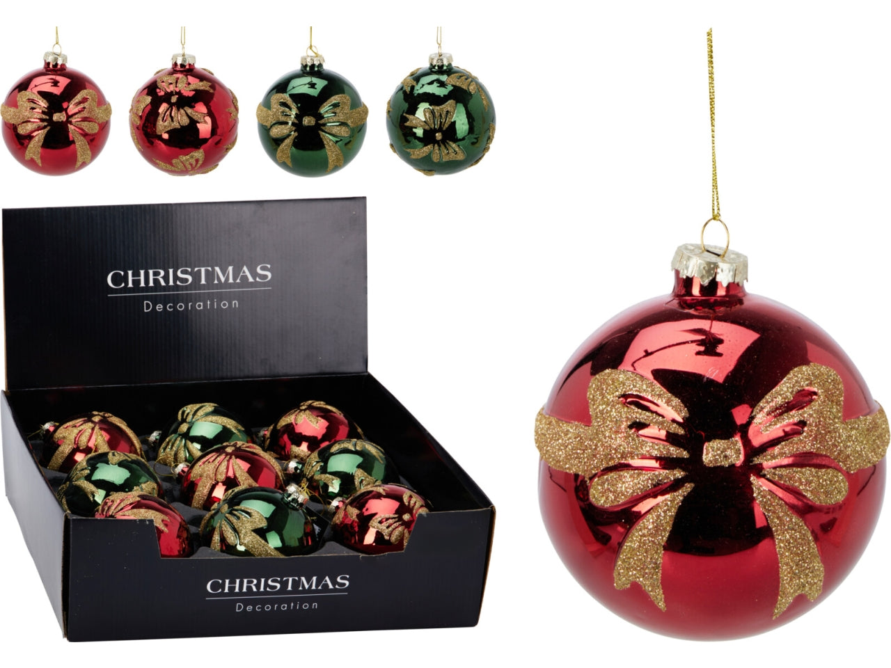 Palla natalizia in vetro con fiocco 10cm per albero, 4 colori assortiti