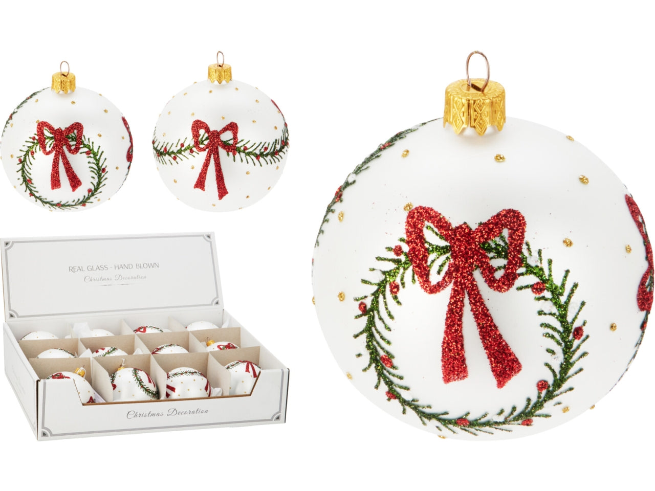 Palla natalizia in vetro con fiocco 8cm per albero, 2 fantasie assortite