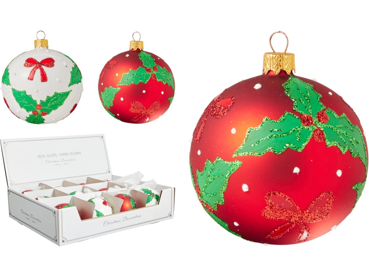 Palla natalizia in vetro 8cm con decoro vischio, 4 fantasie assortite