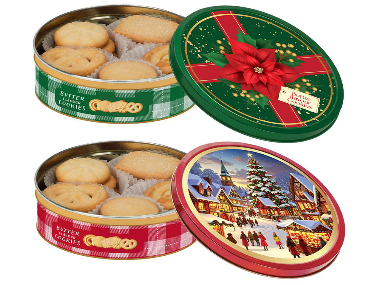 Scatola natalizia in latta con biscotti al burro 114g, 2 fantasie assortite