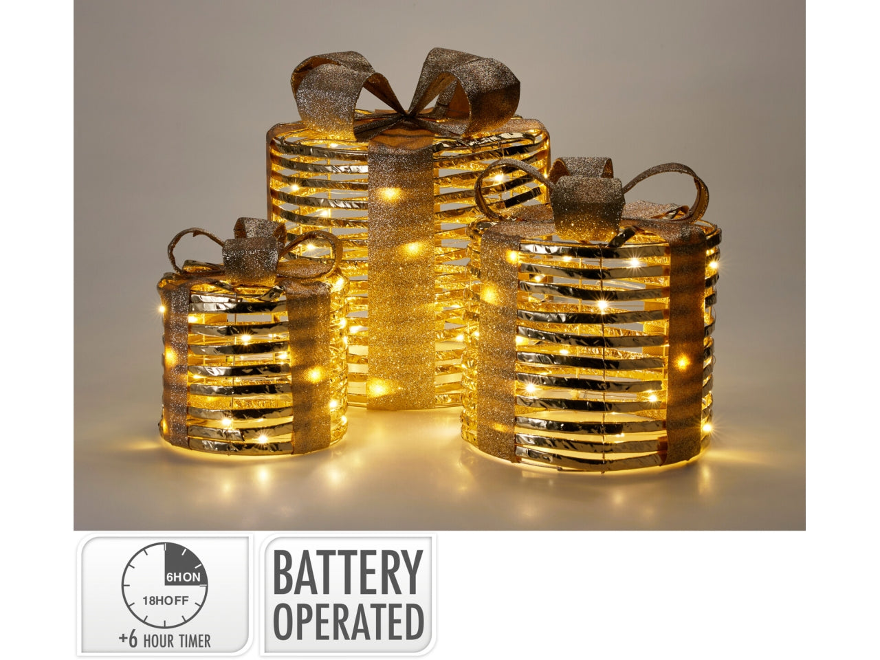 Scatole regalo natalizie tonde 3pz con led oro
