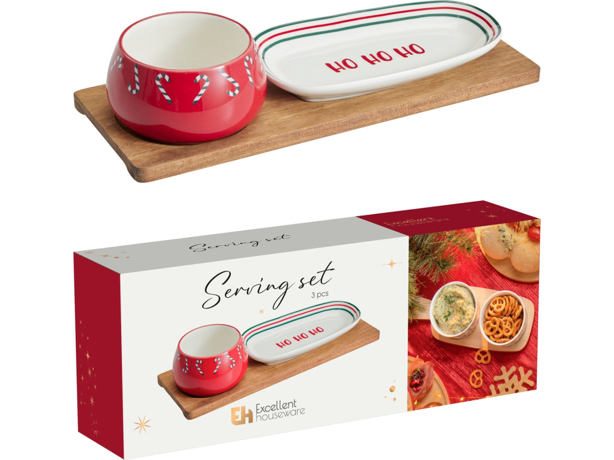 Antipastiera ceramica con base legno, set 3 pezzi