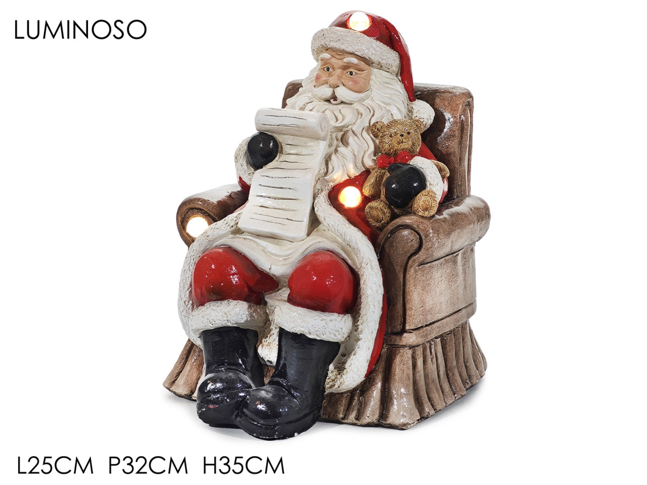 Babbo natale su poltrona 25x32xh35cm in magnesia e luminoso a batteria