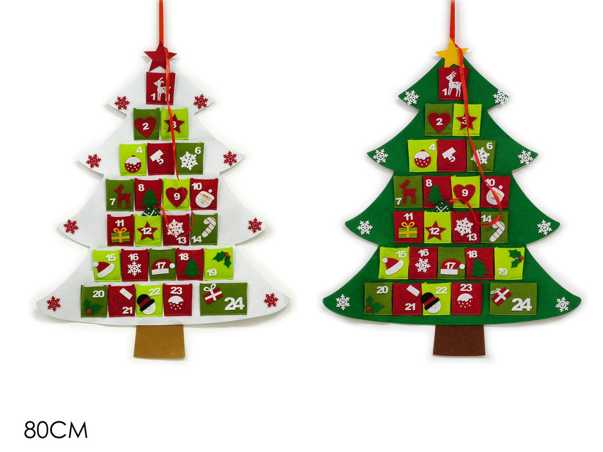 Calendario dell' avvento forma di albero 80cm in feltro, 2 colori assortiti