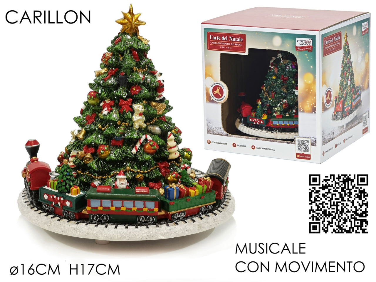 Carillon albero con treno in poliresina 16xh.17cm musicale e movimento