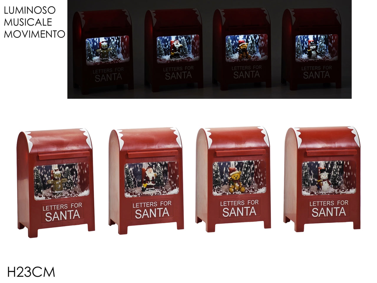 Cassetta postale h.23cm con luci, musica e movimento a batteria in 4 assortiti