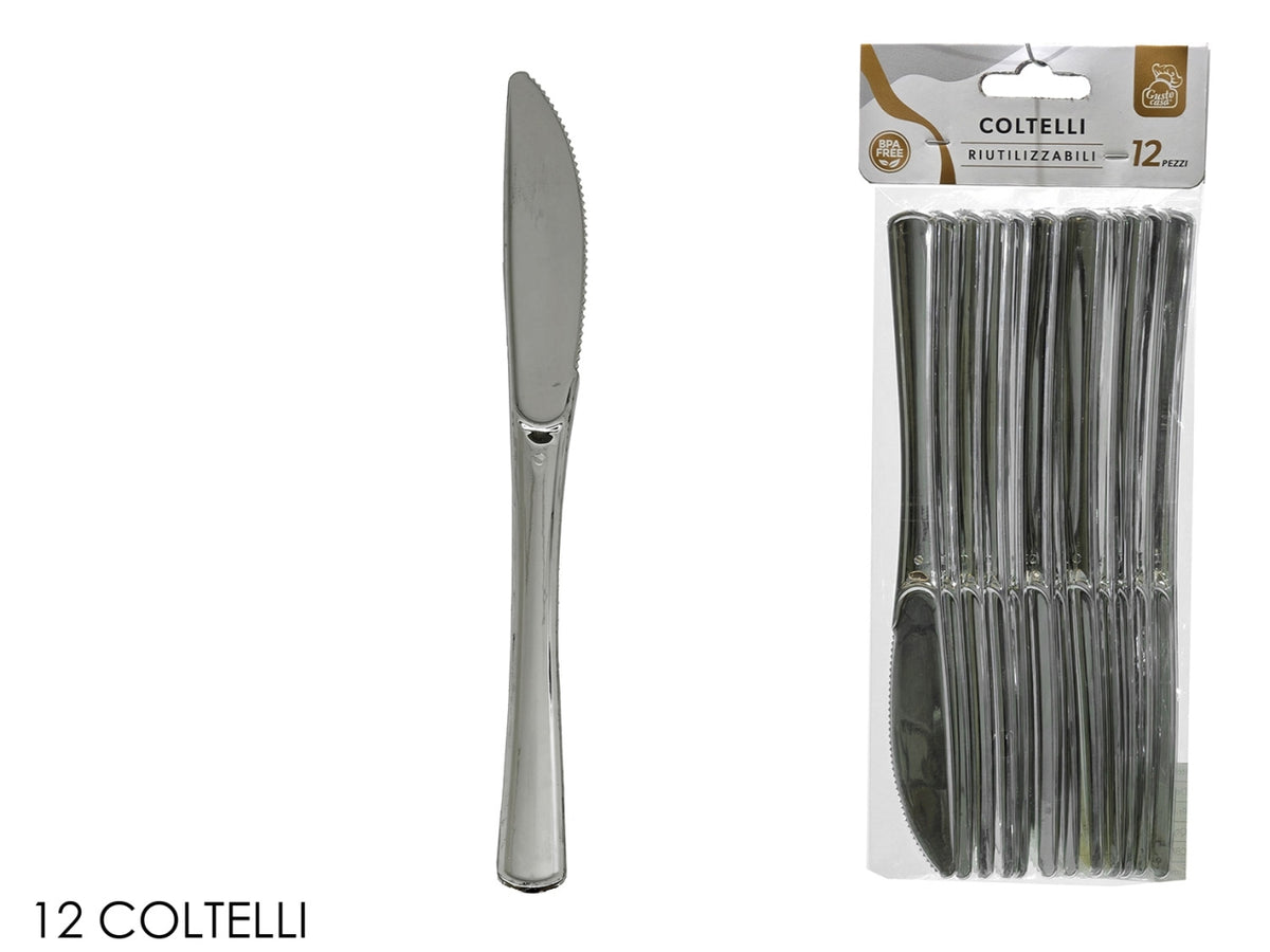 Coltelli in plastica, confezione da 12 pezzi silver