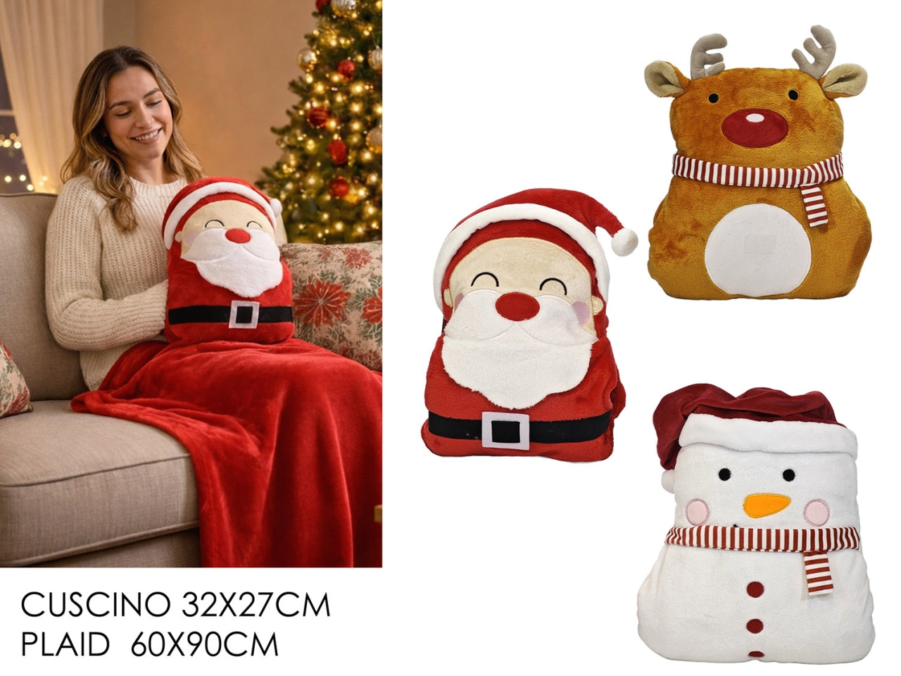 Cuscino personaggio natalizio con plaid 60x90cm in 3 assortimenti