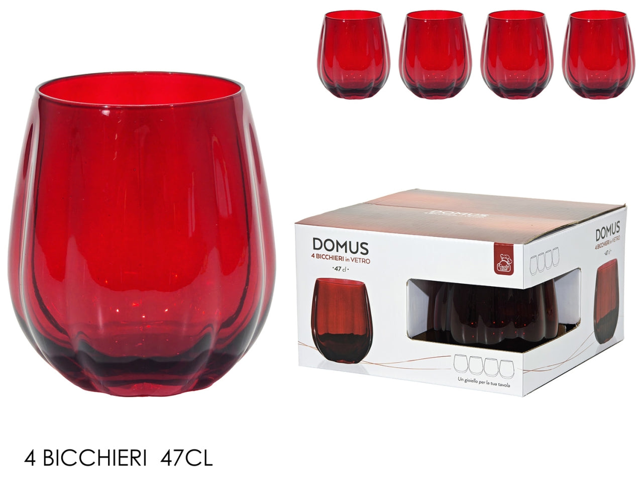 Domus bicchieri in vetro rosso, confezione da 4 pezzi da 47cl