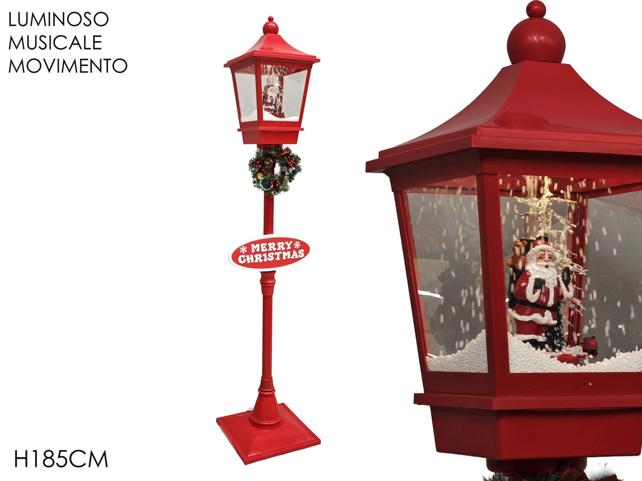 Lampione maxi 185cm in plastica con Babbo Natale luci, musica e movimento rosso