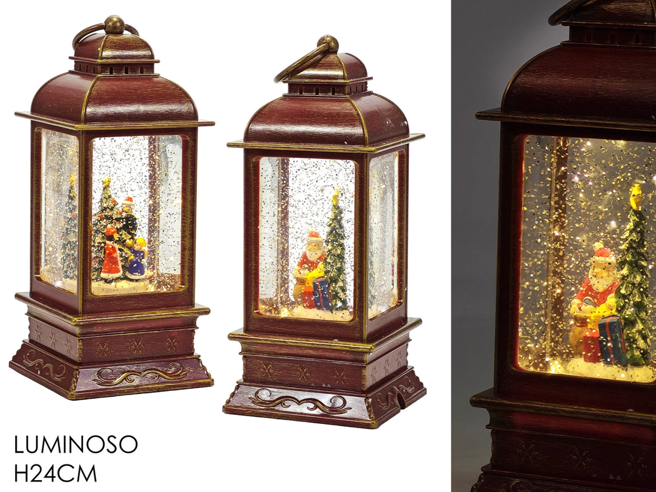 Lanterna h.24cm con decorazione e luce a batteria in 2 assortiti