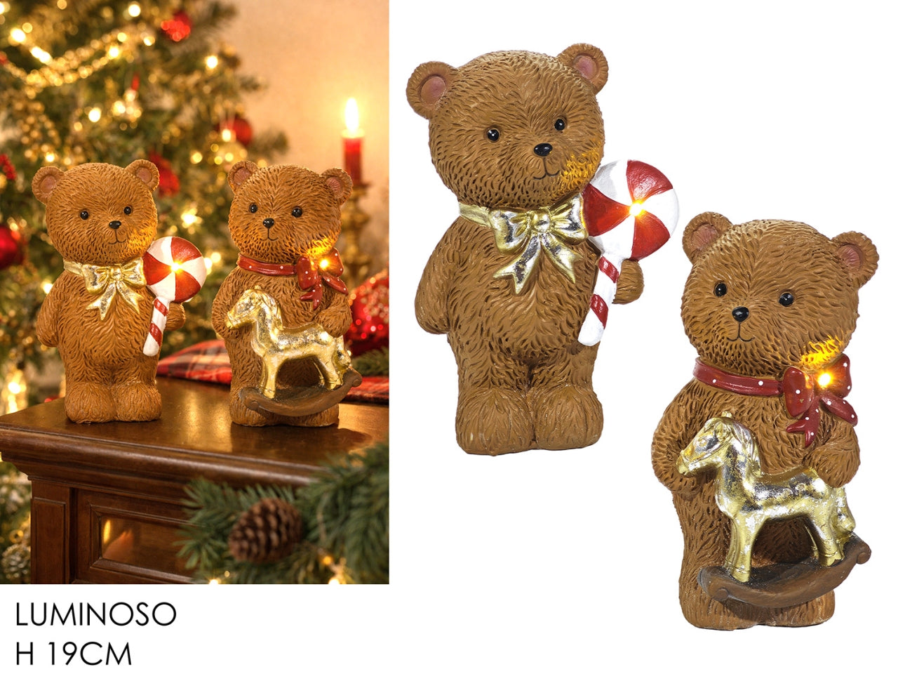 Orso 19cm in poliresina con luce a batteria in 2 modelli assortiti
