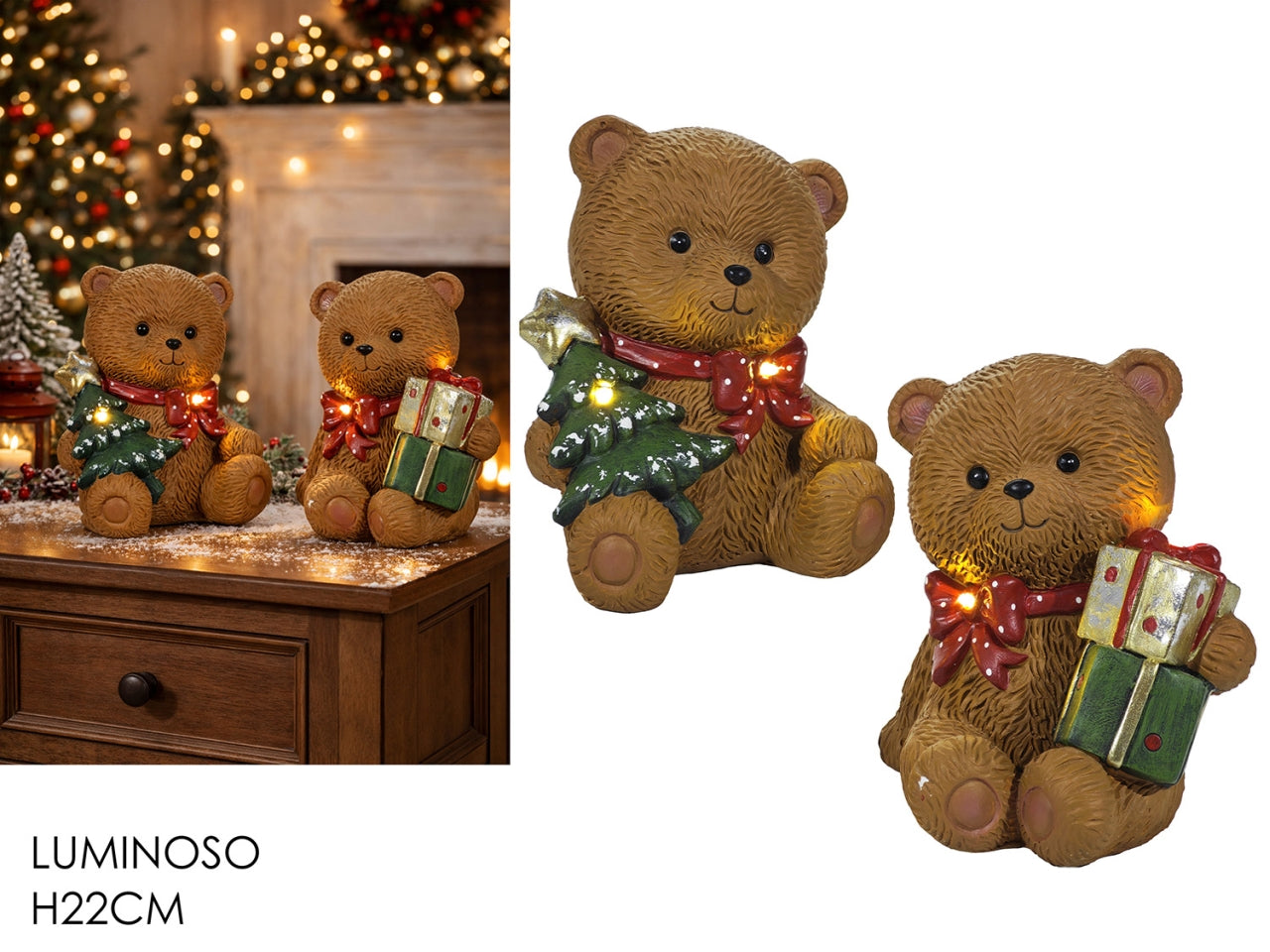 Orso 22cm in poliresina con luce a batteria in 2 modelli assortiti