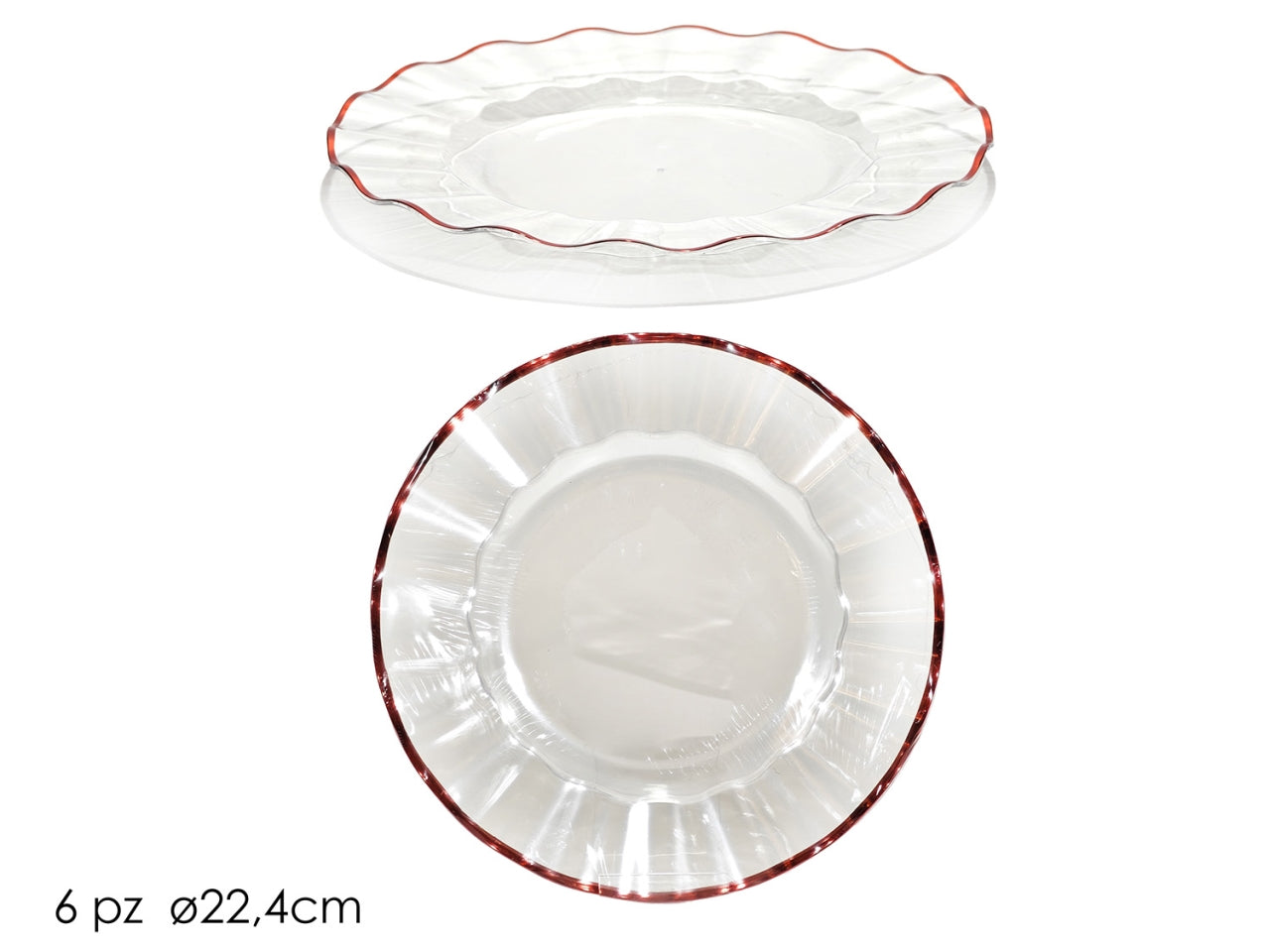 Piatti 22,5cm in plastica trasparente con bordo rosso, confezione da 6 piatti