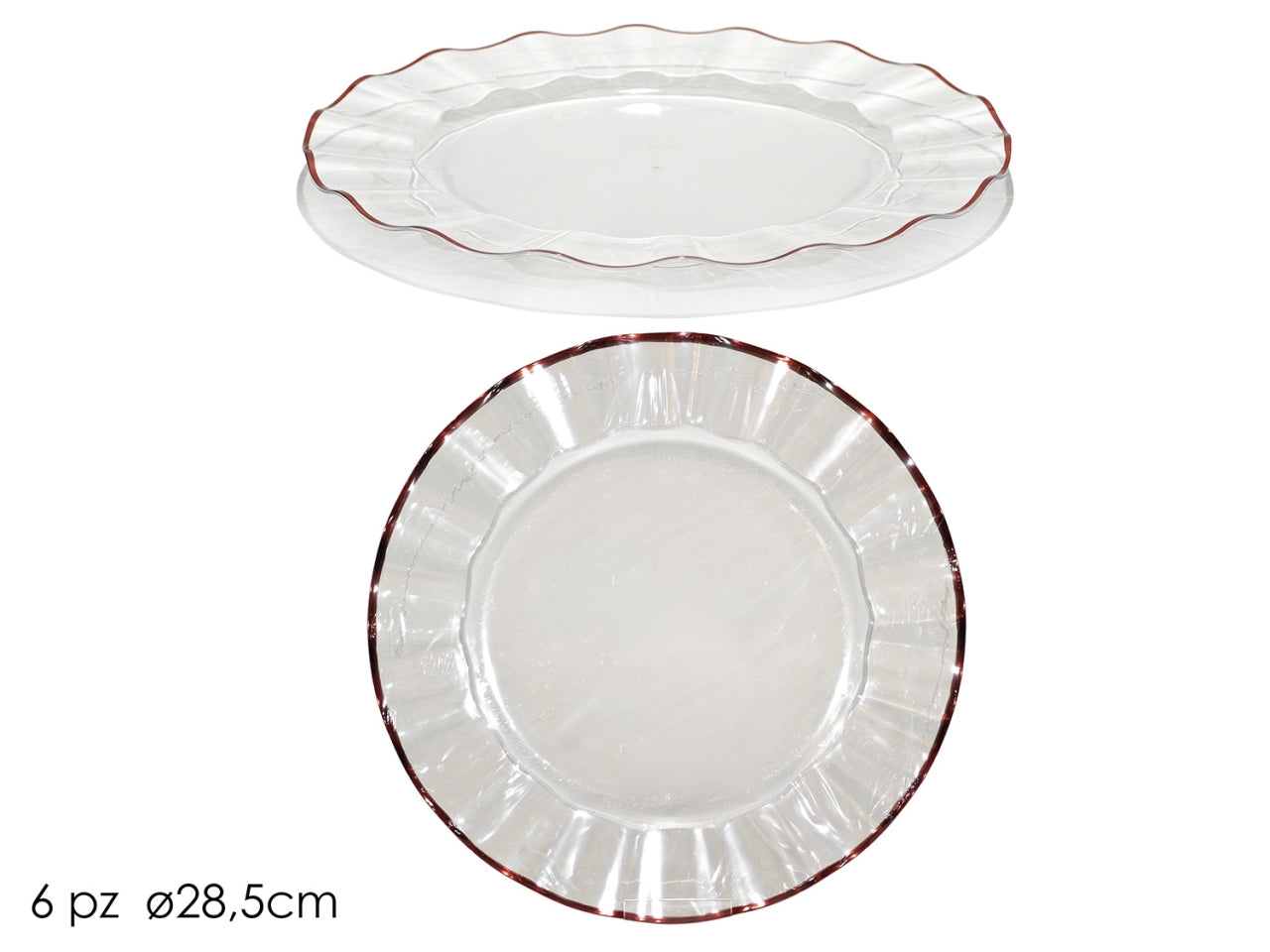 Piatti 28,5cm in plastica trasparente con bordo rosso, confezione da 6 piatti