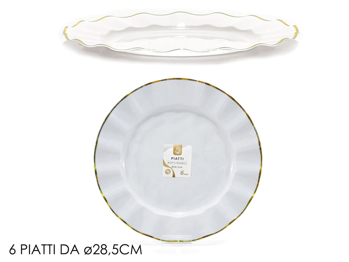Piatti 28,5cm in plastica bianco con bordo oro, confezione da 6 piatti