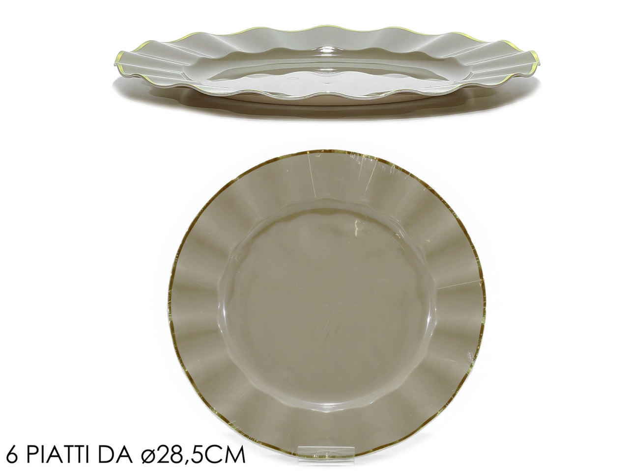 Piatti 28,5cm in plastica tortora con bordo oro, confezione da 6 piatti
