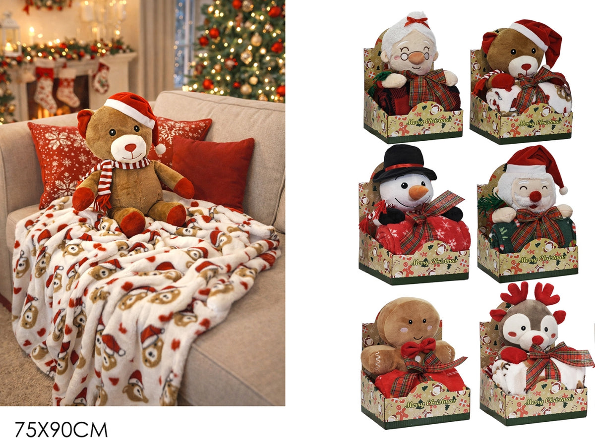 Plaid 75x90cm con peluche natalizio in 6 soggetti assortiti