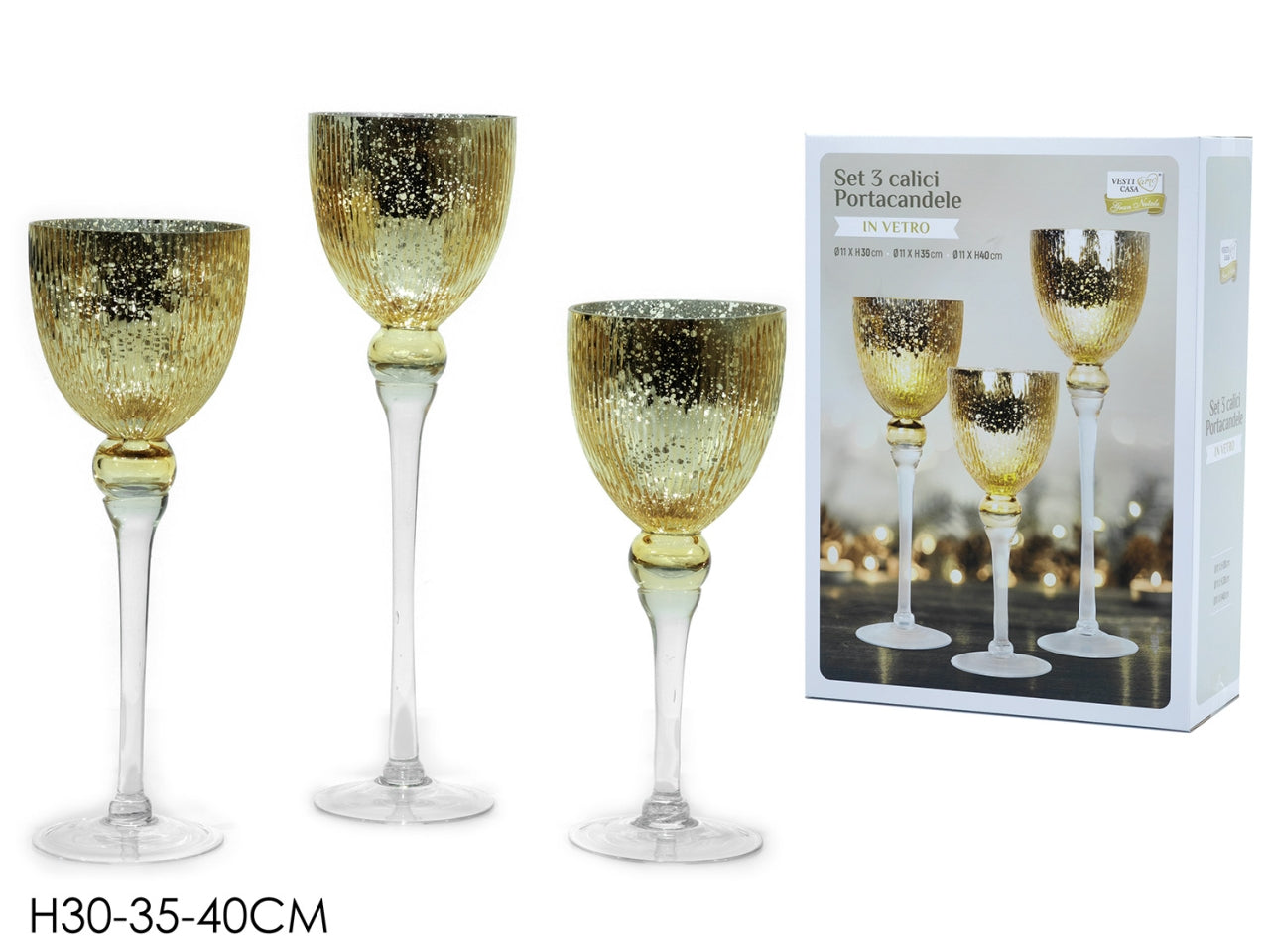 Set 3 portacandele in vetro h.40/35/30cm oro