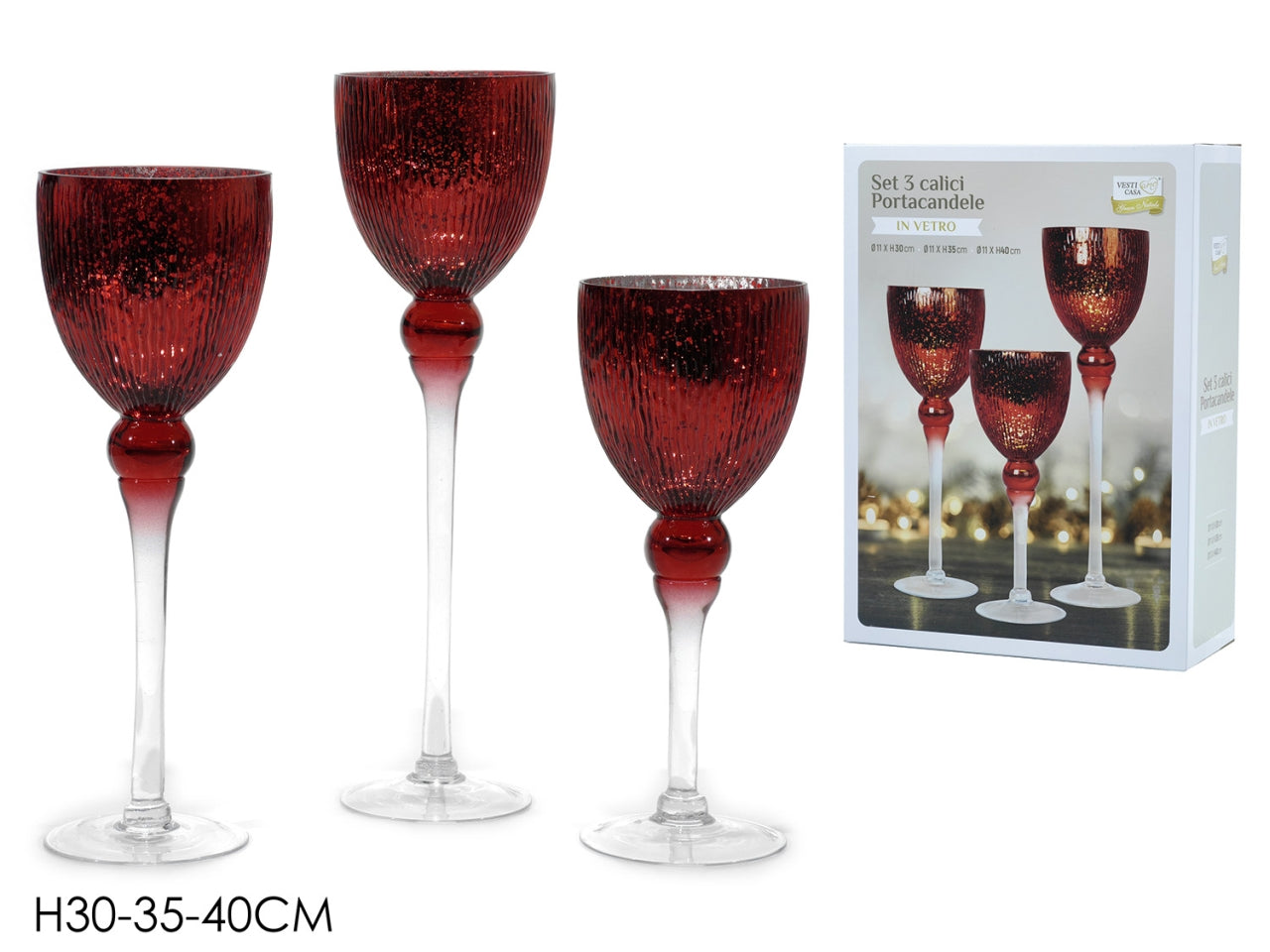 Set 3 portacandele in vetro h.40/35/30cm rosso