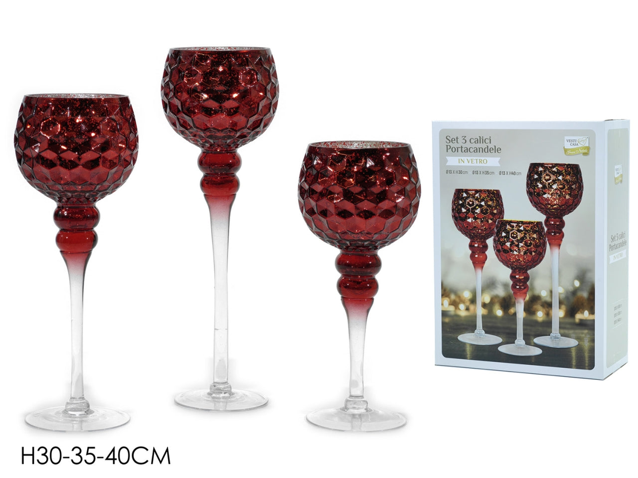 Set 3 portacandele in vetro martellato h.40/35/30cm rosso