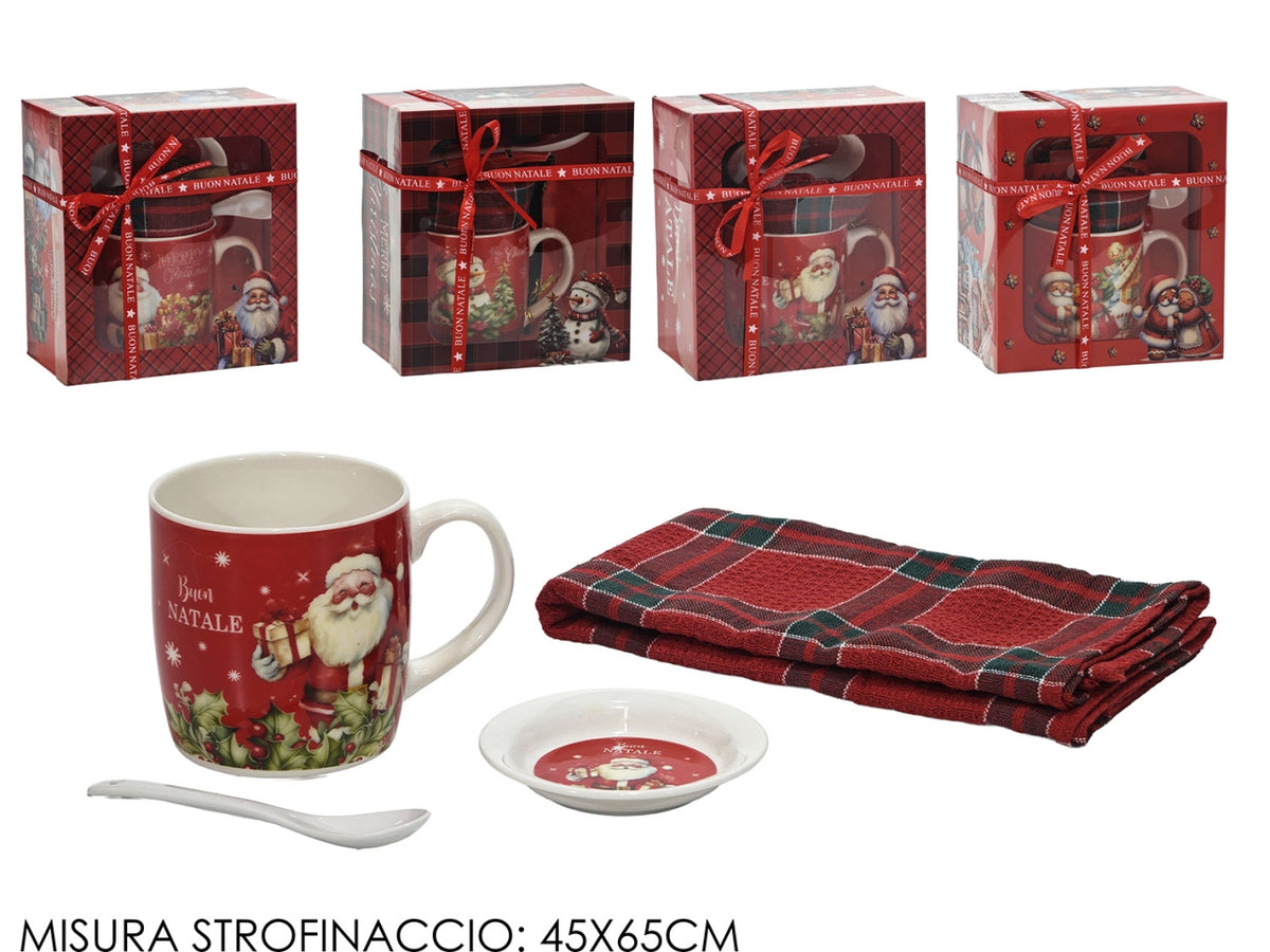 Tazza in ceramica con piatto, cucchiaino e strofinaccio in 4 fantasie assortite